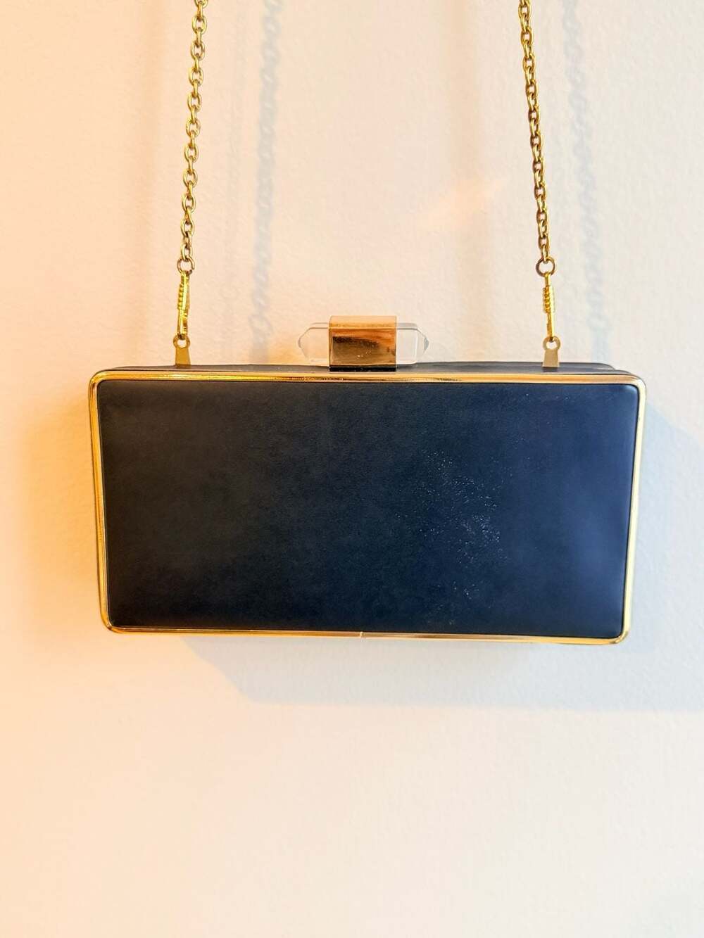 isti Whitiker Black Glitter Polka Dot Box Clutch with Gold Frame and Crystal Cla - Picture 4 of 6